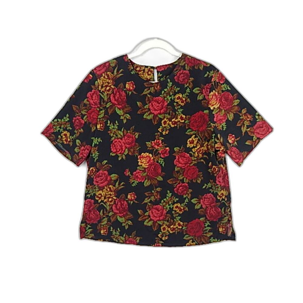BonWorth Vintage Blouse S Black Rose Cottagecore Grandmacore Moody Floral Top
